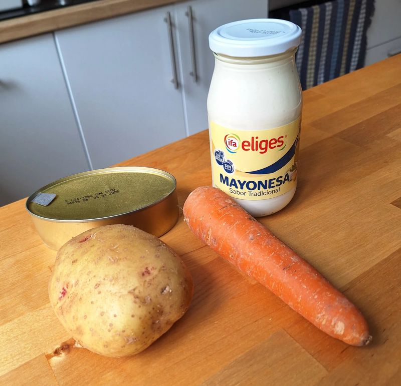 Tuna, potato, carrot and mayonnaise ingredients for ensaladilla rusa