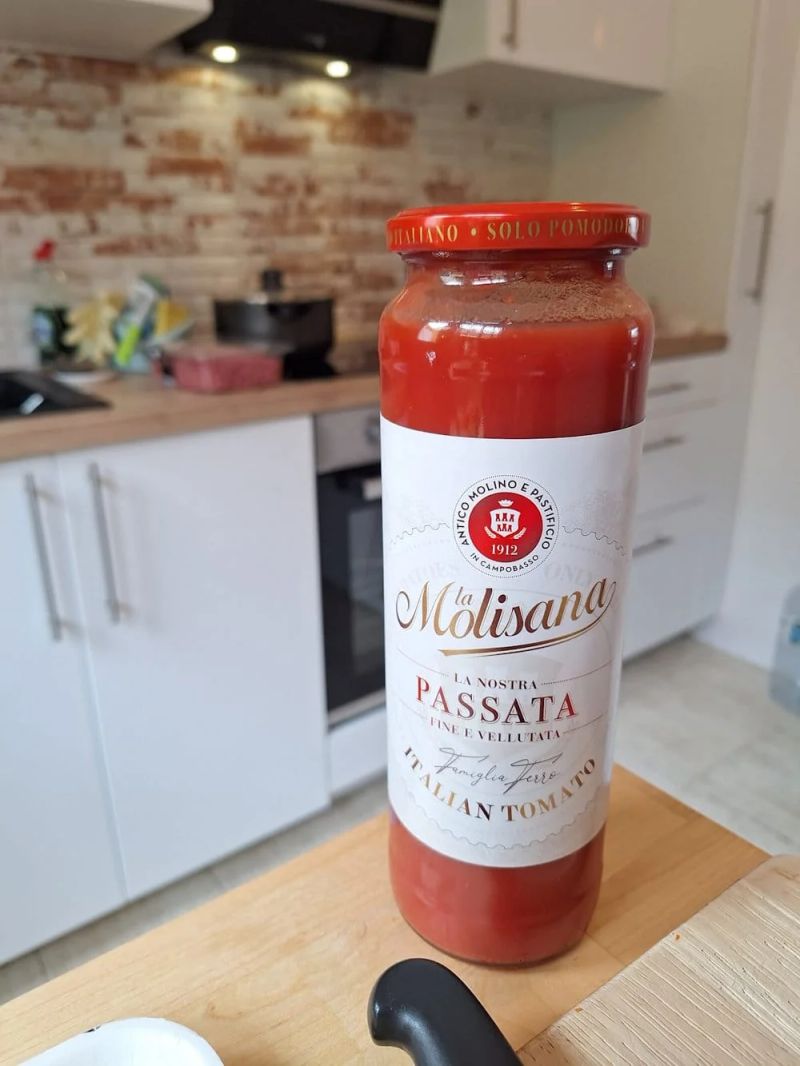 Jar of Italian tomato passata for making Ragù Bolognese